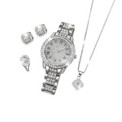   5-dielna luxusná dámska súprava hodiniek a šperkov s kamienkami – strieborná farba VJ9749671-S