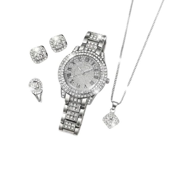 5-dielna luxusná dámska súprava hodiniek a šperkov s kamienkami – strieborná farba VJ9749671-S