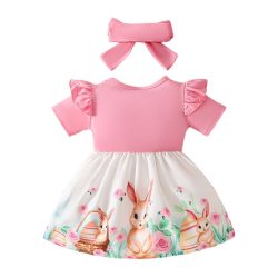   Sviatočné šaty s volánikmi a vzorom zajačikov + čelenka s mašľou (86-92 cm) WB672673-4