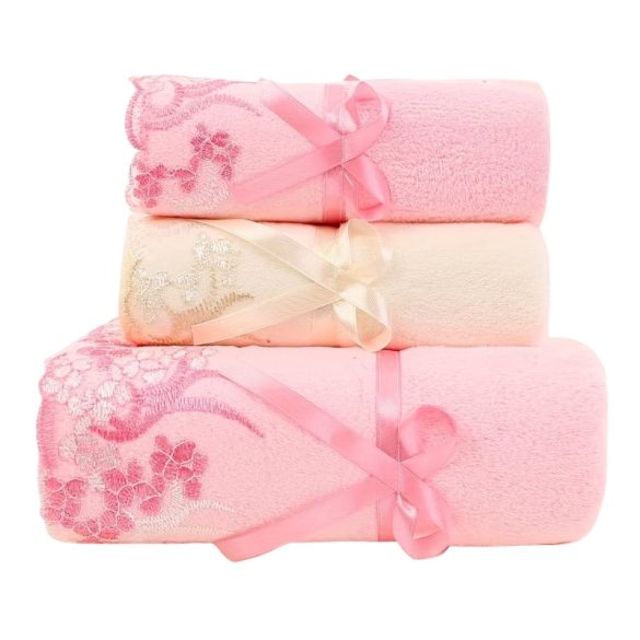 Sada 3 ks čipkovaných uterákov – ružová a biela XK270787-3