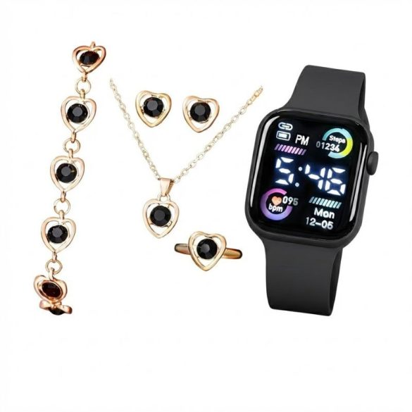 6-dielna dámska digitálna hodinky a čierna srdcová bižutéria - čierna/zlatá XQ6659509