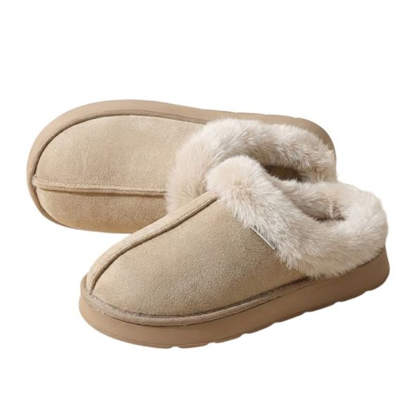 Módne dámske papuče s plyšovou podšívkou, béžové – hrubá EVA podrážka XV3628746