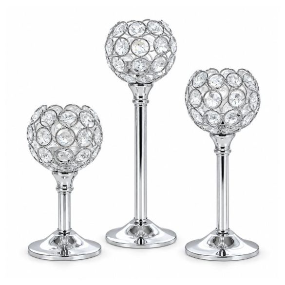 3 ks elegantných kovových svietnikov s kryštálmi 17 cm + 22 cm + 26,5 cm YD531004-2