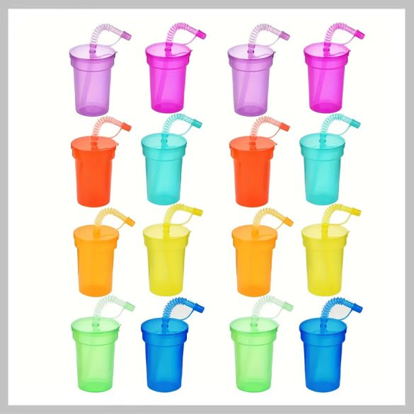 Neónová sada párty pohárov – 16 ks, 380 ml, s viečkom a slamkou YL2284130