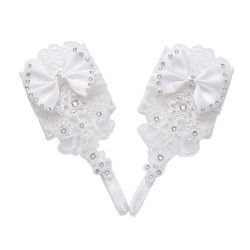   Elegantné bezprstové čipkované svadobné rukavice – s mašľou a zdobením z kamienkov YN2169777