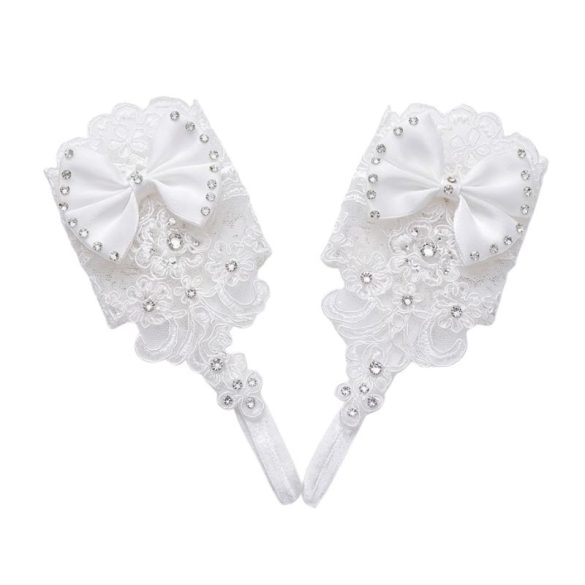 Elegantné bezprstové čipkované svadobné rukavice – s mašľou a zdobením z kamienkov YN2169777