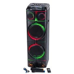   Prenosný párty reproduktor s 2 × 12" reproduktormi, LED osvetlením a 2 mikrofónmi YR-2203