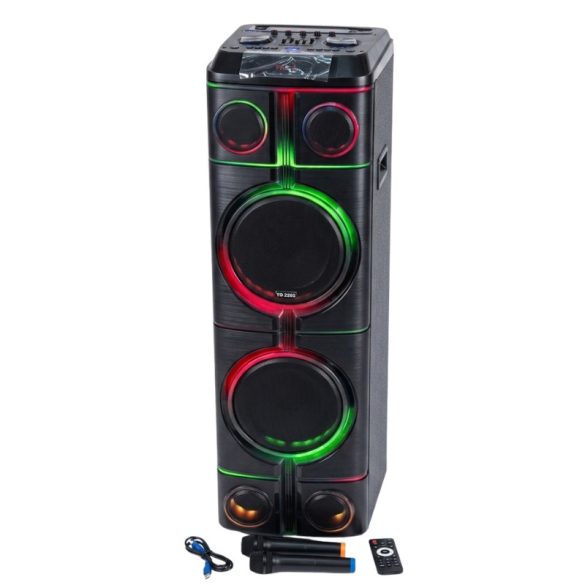 Prenosný párty reproduktor s 2 × 12" reproduktormi, LED osvetlením a 2 mikrofónmi YR-2203