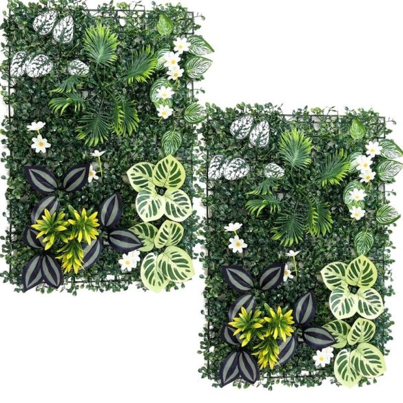 2-dielny prémiový panel umelej zelenej steny – s tropickými listami a kvetmi YY8369103