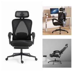   Ergonomická kancelárska stolička Dowinx s opierkou hlavy, bedrovou opierkou a podnožkou, čierna holm40035